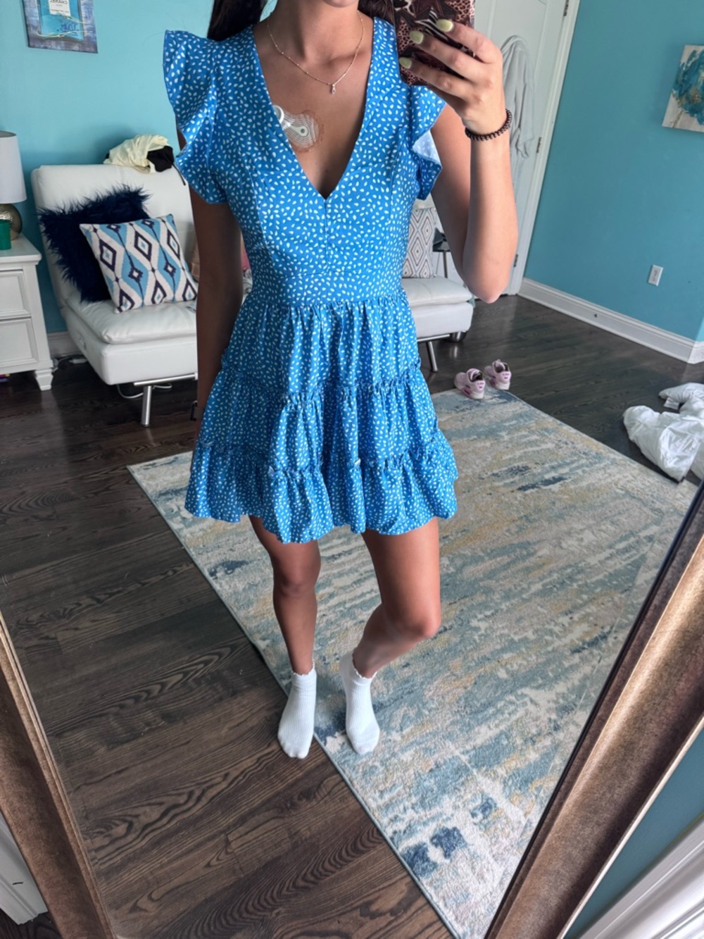 Blue Floral V-Neck Ruffle Tiered Mini Dress